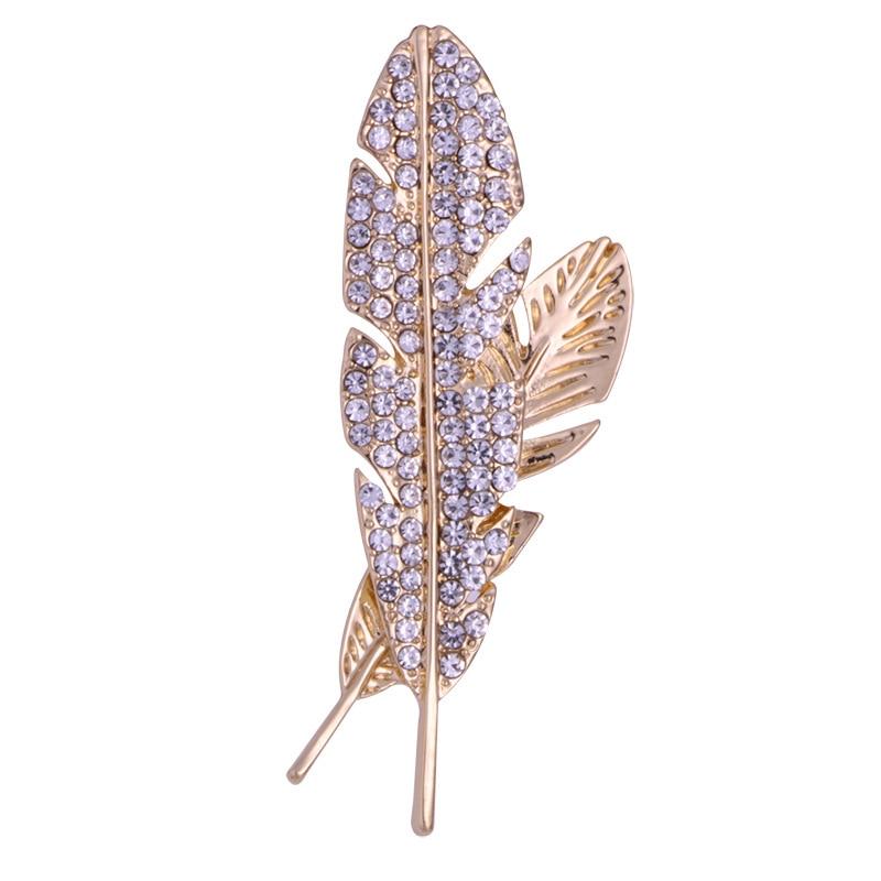Rhinestone Feather Lapel Pin GR Gold 