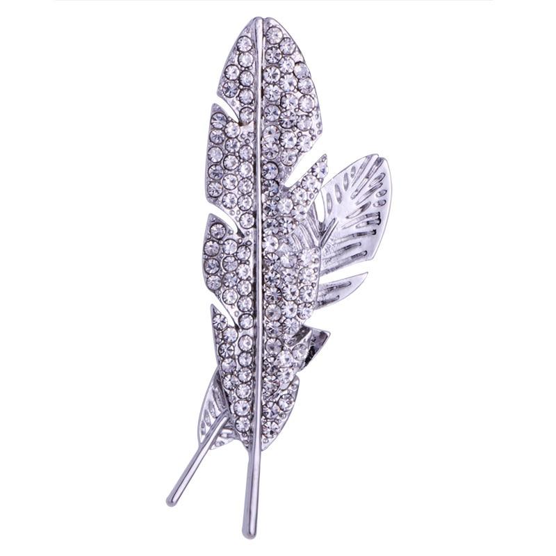Rhinestone Feather Lapel Pin GR Silver 