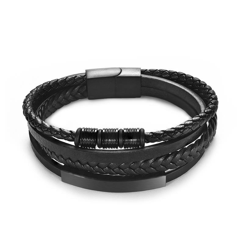 Roger Woven Multilayered Leather Bracelet GR Black 18.5cm 