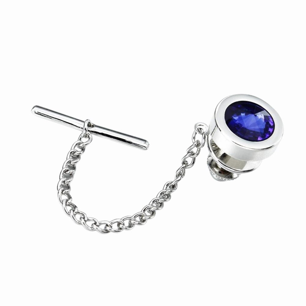 Round Crystal Silver-Tone Tie Tack GR Sapphire blue 
