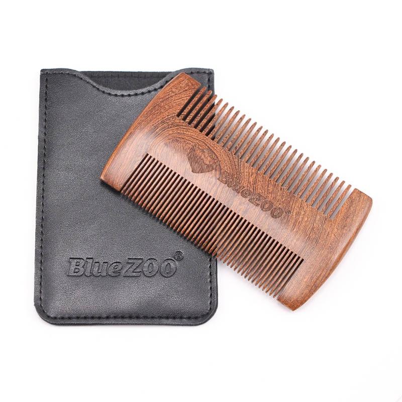 Sandalwood Beard Comb with Leather Case Blue Zoo Black Leather 