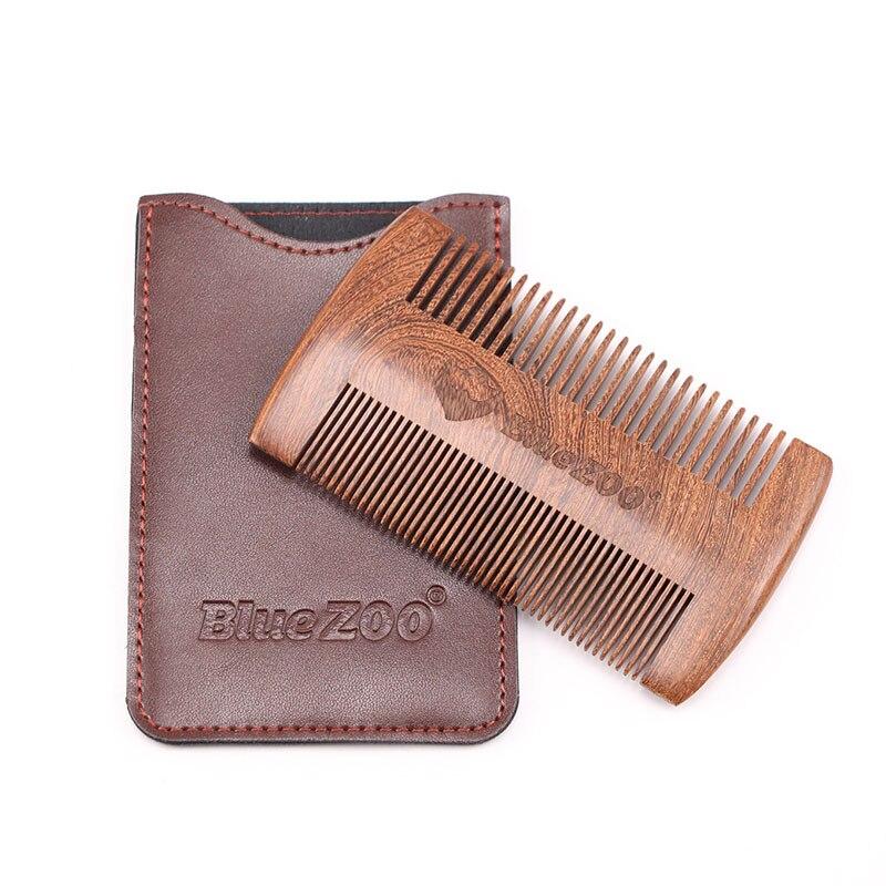 Sandalwood Beard Comb with Leather Case Blue Zoo Brown Leater 