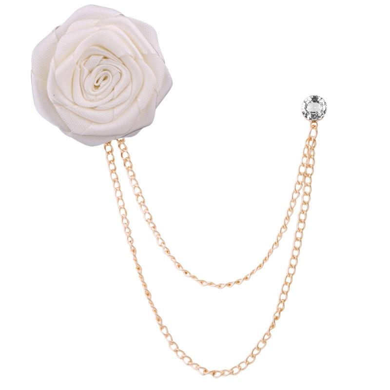 Satin Rose With Chain Tassel Pin GR White 