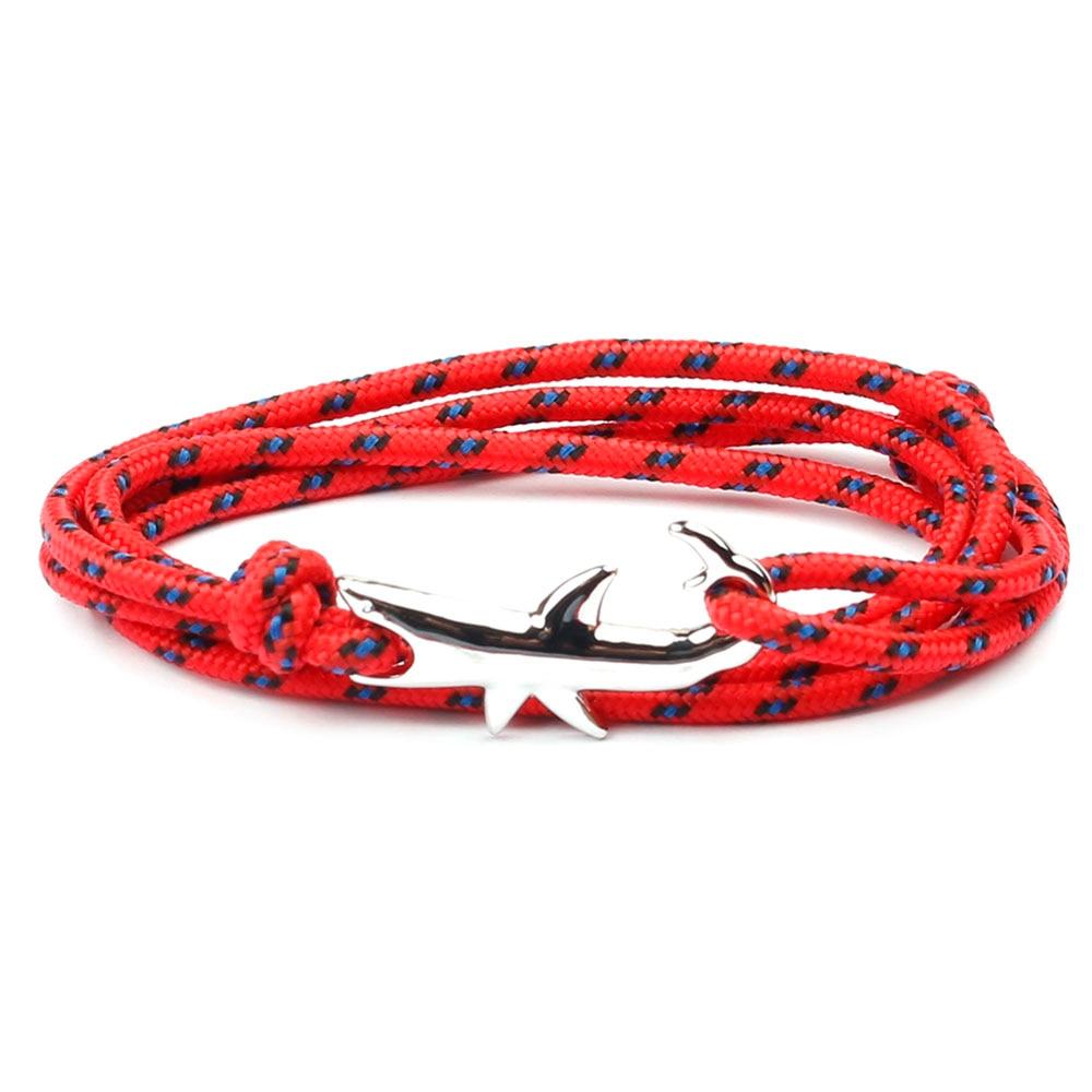 Silver Shark Nautical Rope Bracelet GR Dark Red 