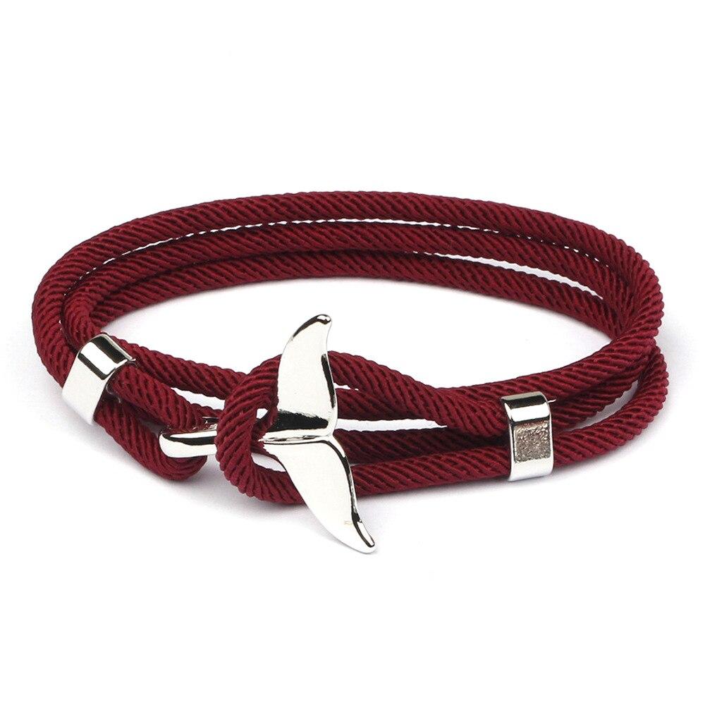 Silver Whale Tail Rope Bracelet GR Wine Red 