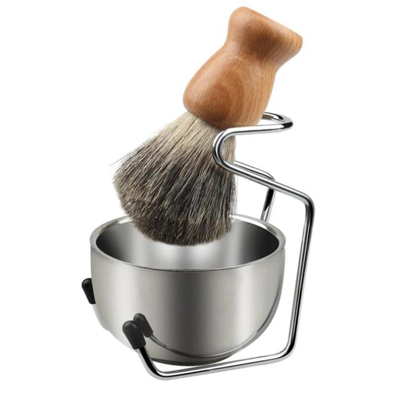 Stainless Steel Shaving Bowl & Brush Stand Set GR Bowl + Stand + Beige Brush 