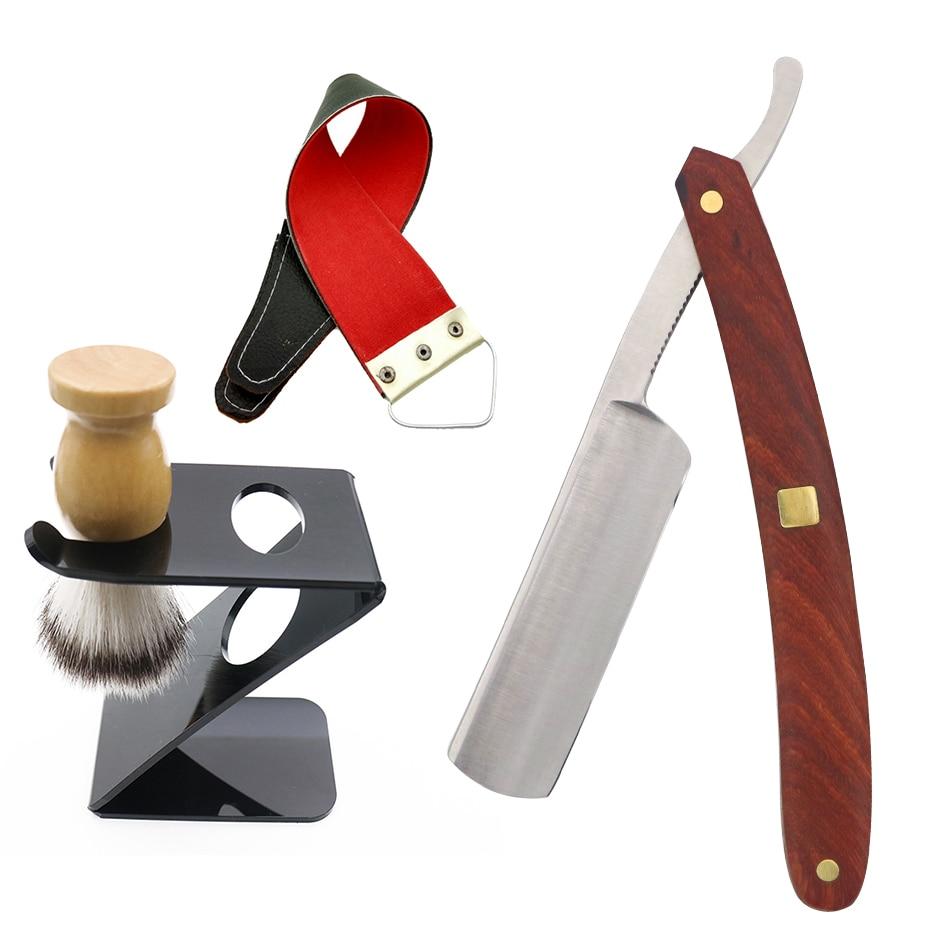Straight Razor With Wooden Handle Barber Kit GR Silver Razor + Brush + Handle + Leather Strop 