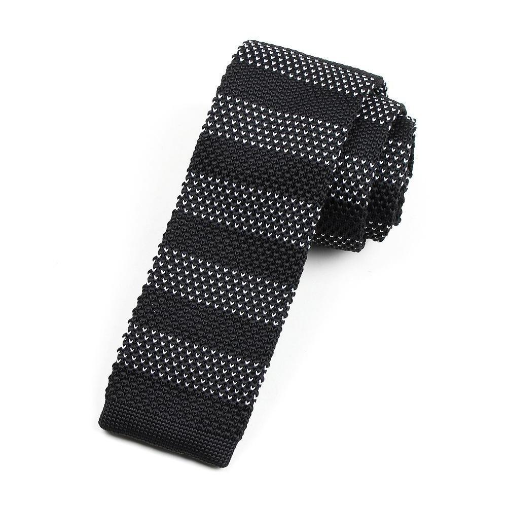 Striped Knitted Flat End Slim Tie GR Black White 