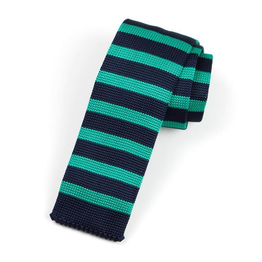 Striped Knitted Flat End Slim Tie GR Blue Green 