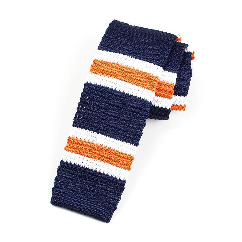 Striped Knitted Flat End Slim Tie GR Blue Orange 
