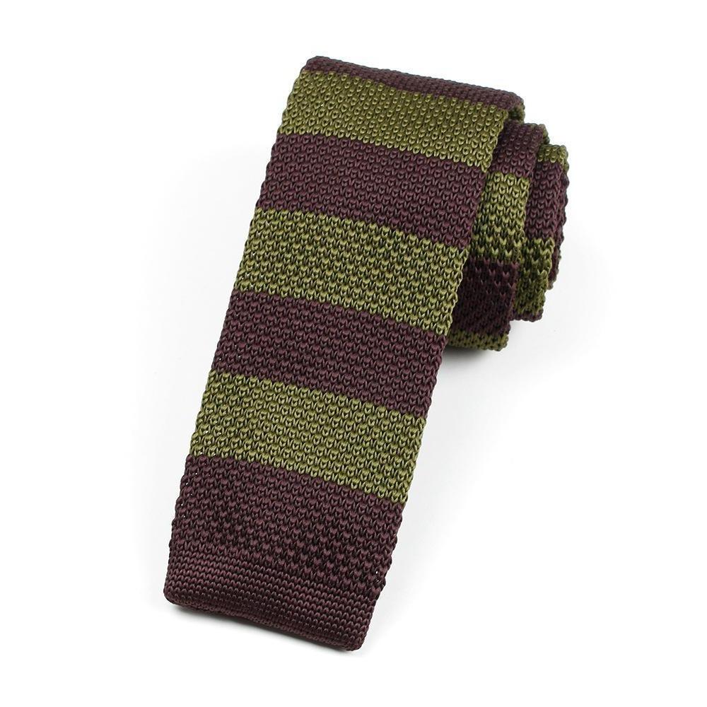 Striped Knitted Flat End Slim Tie GR Brown Green 