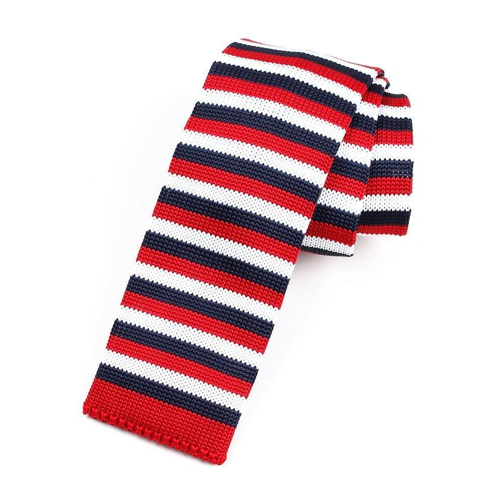 Striped Knitted Flat End Slim Tie GR Marina Red 