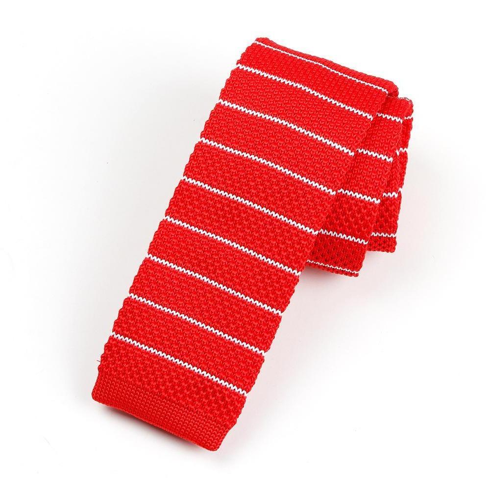 Striped Knitted Flat End Slim Tie GR Red 