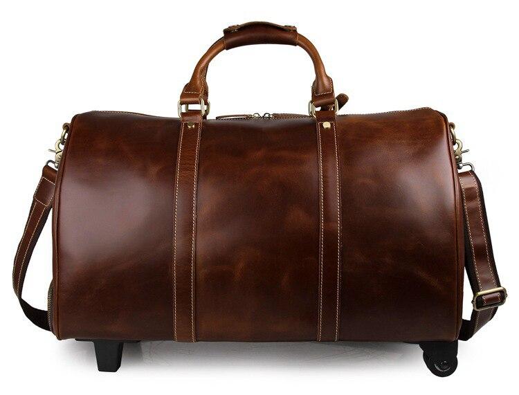 Theodore Full Grain Leather Trolley Duffel Luggage Bag GR Brown 