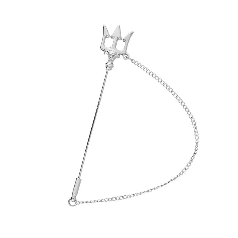 Trident Lapel Pin With Chain GR Silver 