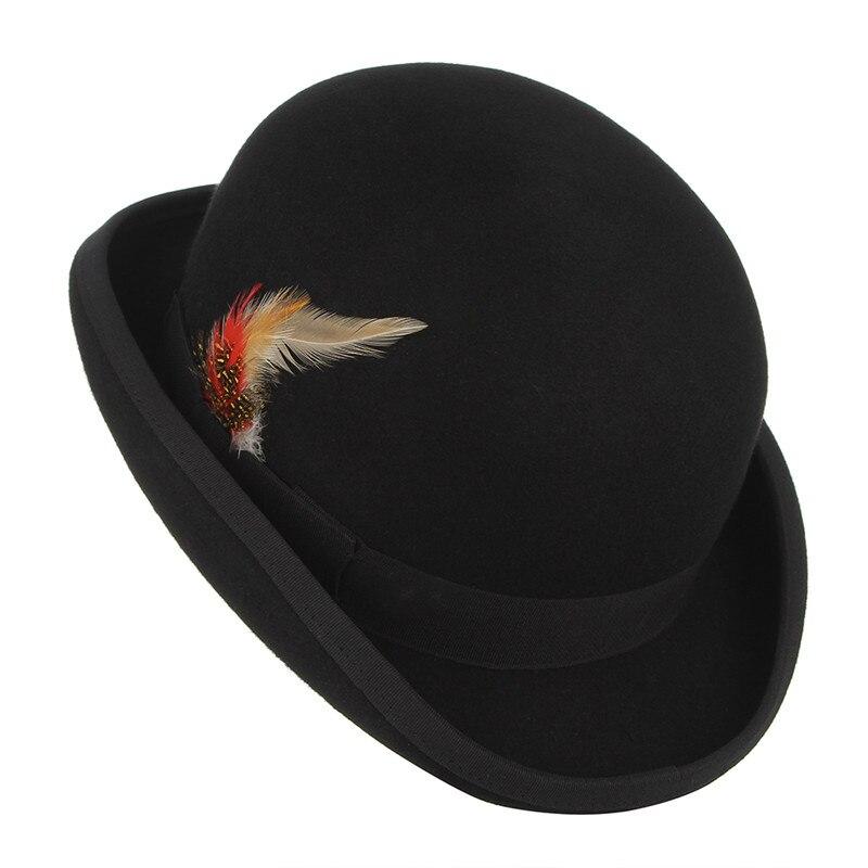 Wool Felt Black Bowler Hat With Feather GR 