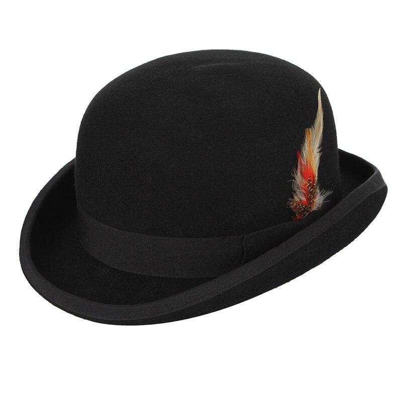 Wool Felt Black Bowler Hat With Feather GR Black S(55cm) 