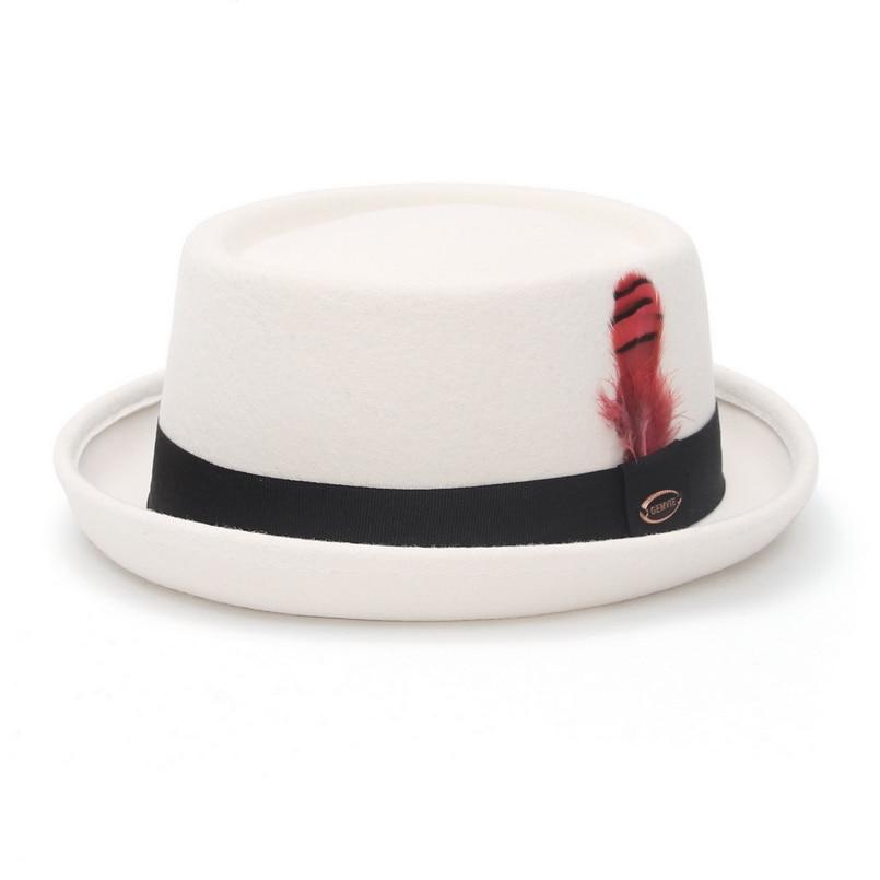 Wool Felt Pork Pie Hat With Feather GR White 56-58cm(adjustable) 